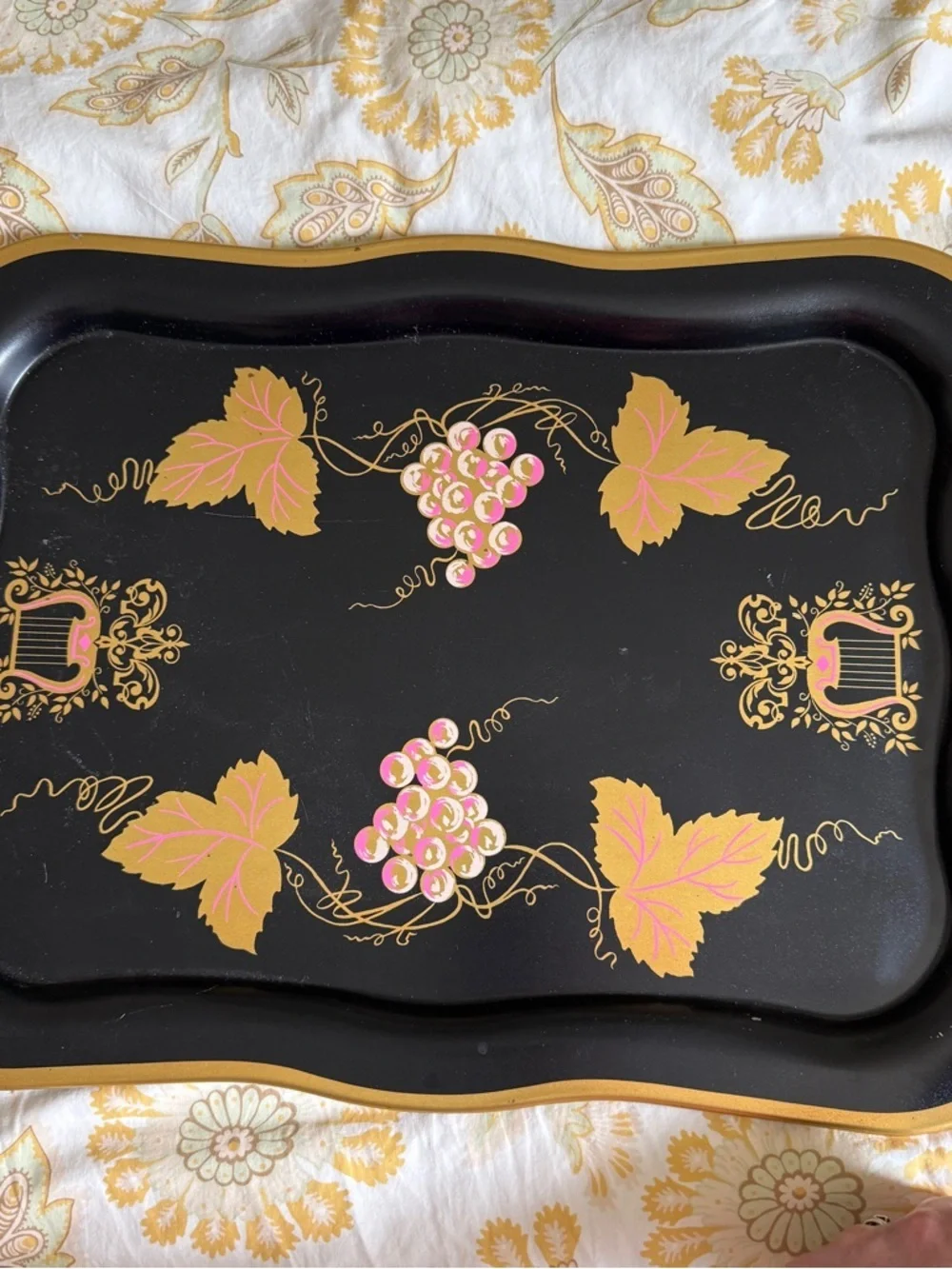 Vintage Trays set of 4 Large Black Floral Tole Metal Hand Painted Toleware Trays